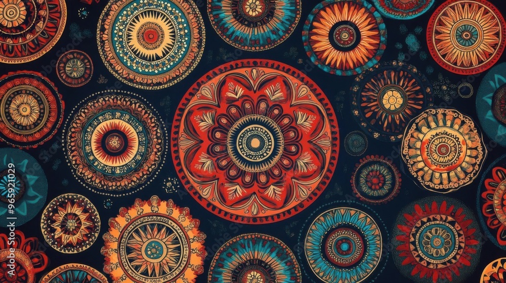 Boho mandalas in circular designs, seamless repeat, eclectic and spiritual, illustration seamless pattern fabric, no blur, photo not dark, everything is clear, copy space Boho mandalas in circular designs, seamless repeat, eclectic and spiritual, illustration seamless pattern fabric, no blur, photo not dark, everything is clear, copy space