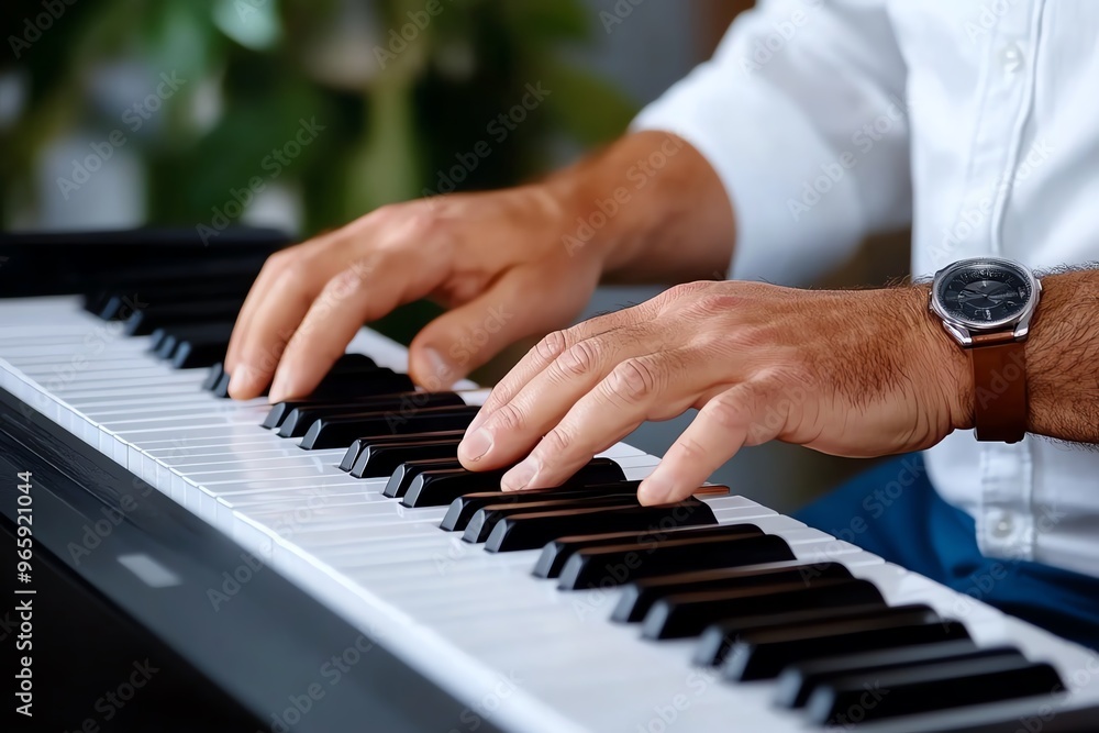 Fototapeta premium Senior man playing the piano, fingers gracefully gliding across the keys finds joy and fulfillment in the timeless art of music