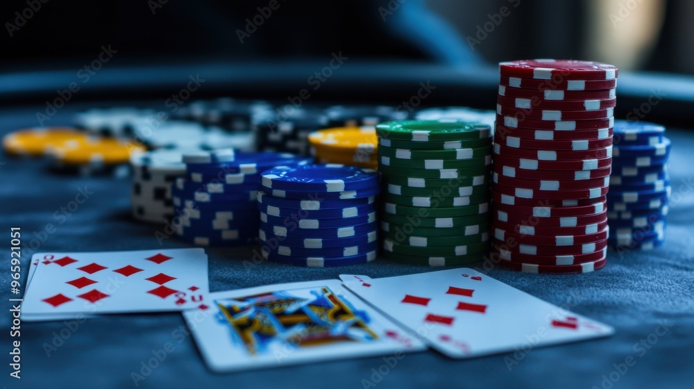 Closeup of poker chips, playing cards, and a laptop on a sleek grey table Closeup of poker chips, playing cards, and a laptop on a sleek grey table