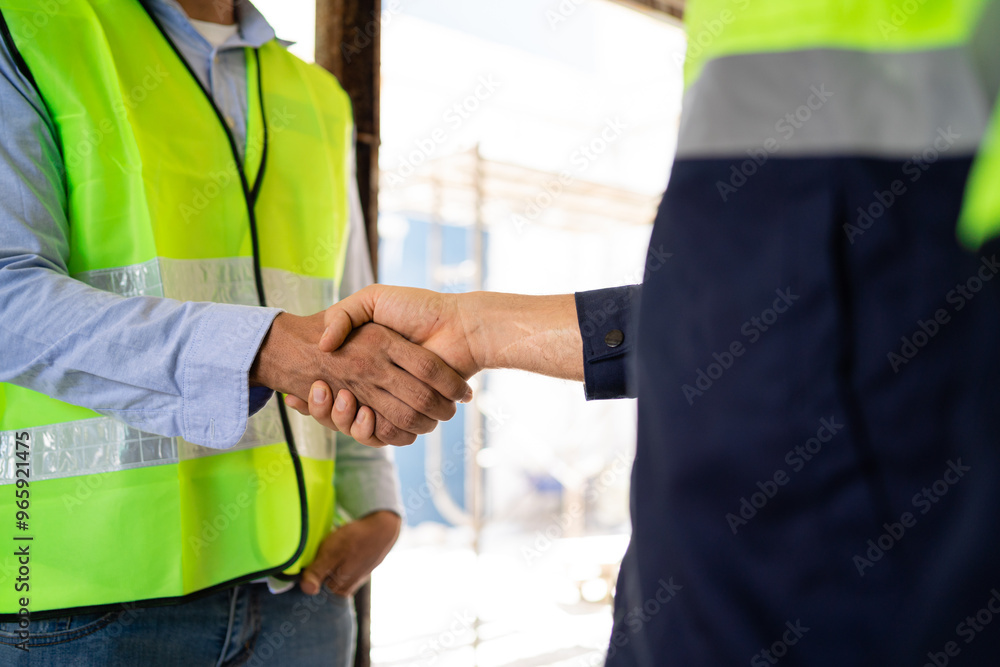 Two men shake hands in a construction site. One of them is wearing a yellow vest. Scene is professional and friendly Two men shake hands in a construction site. One of them is wearing a yellow vest. Scene is professional and friendly