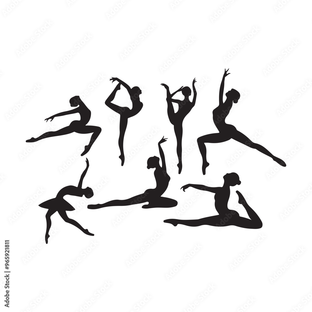 Female ballet dancing, woman contortionist exercising gymnastic yoga silhouette ,split jump girl gymnast black silhouette Female ballet dancing, woman contortionist exercising gymnastic yoga silhouette ,split jump girl gymnast black silhouette