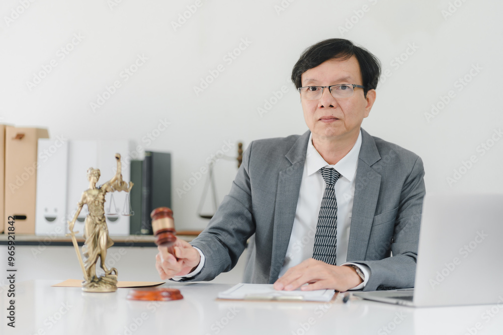 A serious lawyer holding gavel in modern office setting. A serious lawyer holding gavel in modern office setting.