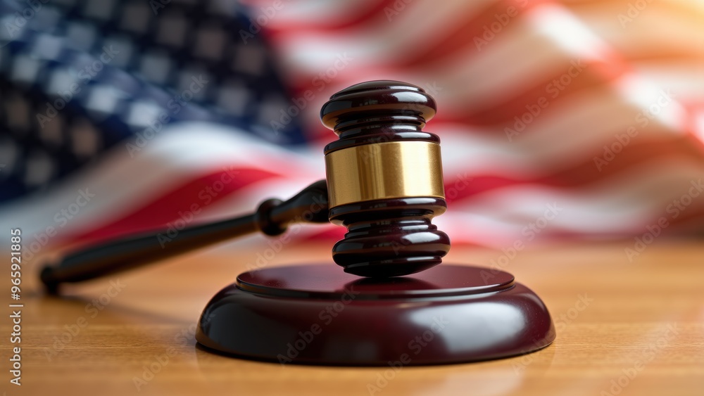 Wooden Judge’s Gavel on a Sounding Block with an American Flag Wooden Judge’s Gavel on a Sounding Block with an American Flag