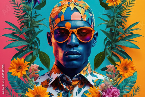 The man in sunglasses and a floral shirt is the main subject of the image. In the background, various flowers and plants are depicted, creating a bright and colorful atmosphere. photo