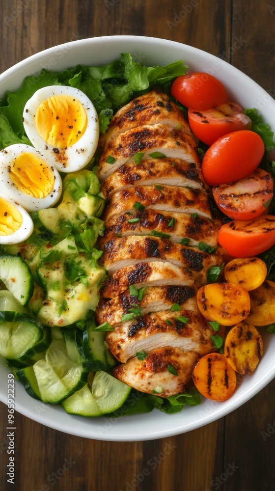 Grilled chicken salad with vegetables and boiled eggs Grilled chicken salad with vegetables and boiled eggs