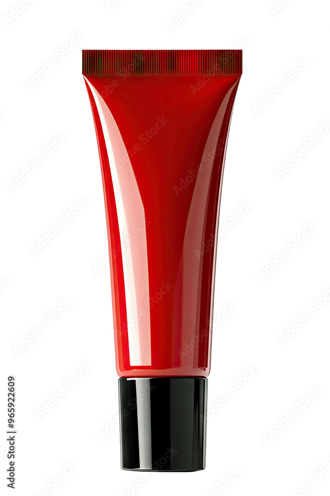 A red tube of cosmetic product against a black background. A red tube of cosmetic product against a black background.