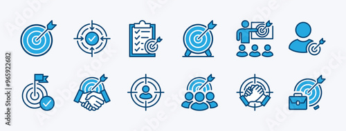 Set of target icon vector. Containing arrow, dartboard, aim, focus, goal, objective, purpose, bullseye, accuracy for business, checklist, human resource, teamwork, group people, strategy, agreement
