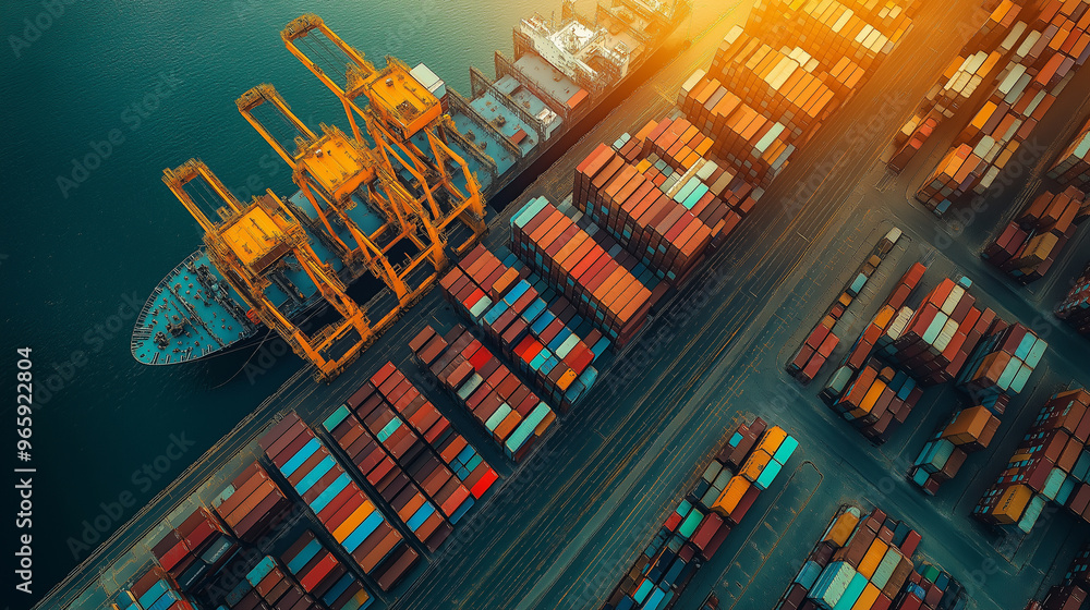 A large ship is docked at a port with many containers stacked up A large ship is docked at a port with many containers stacked up