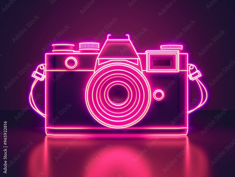A minimalist white neon camera icon glowing brightly on a black background with clean, bold lines