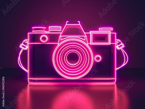 A minimalist white neon camera icon glowing brightly on a black background with clean, bold lines