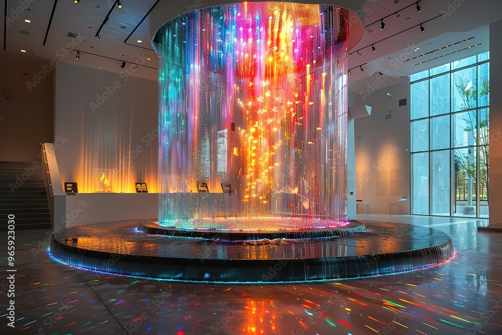a large glass sculpture with a colorful light inside of it a large glass sculpture with a colorful light inside of it