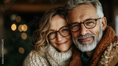 An elderly couple with glasses warmly embracing in cozy knitted sweaters, capturing a moment of love and togetherness indoors with a blurred background of lights.