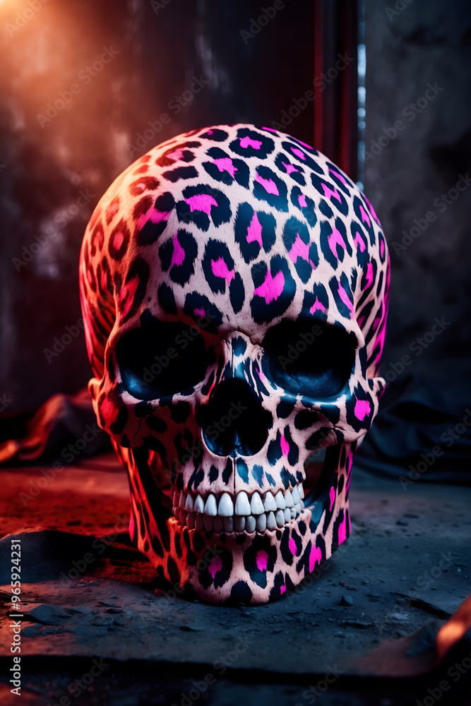 A brightly painted leopard print skull displayed on a rustic surface with warm light illuminating the unique design in an artistic setting A brightly painted leopard print skull displayed on a rustic surface with warm light illuminating the unique design in an artistic setting
