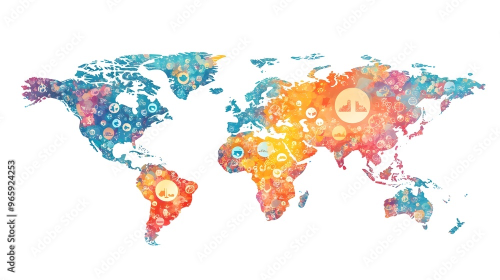 Fototapeta premium Colorful World Map with Peace Symbols Representing Global Unity and Harmony