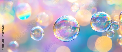 bunch of bubbles that are in the water, Soap bubbles reflecting rainbows Iridescent bubbles with vibrant rainbow reflections