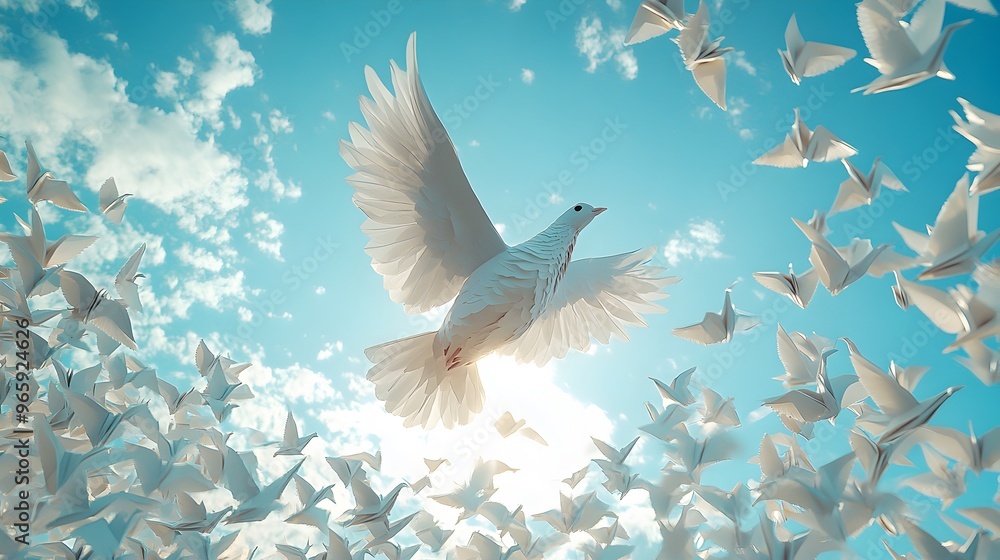 Graceful Origami Dove Soaring Amidst Paper Cranes in the Blue Skies Graceful Origami Dove Soaring Amidst Paper Cranes in the Blue Skies