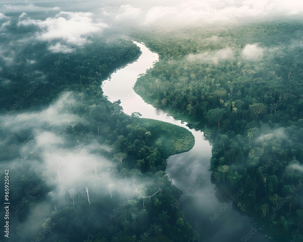 Fototapeta premium Aerial View of the Lush Amazon Rainforest with Winding River and Mist Shrouded Canopy