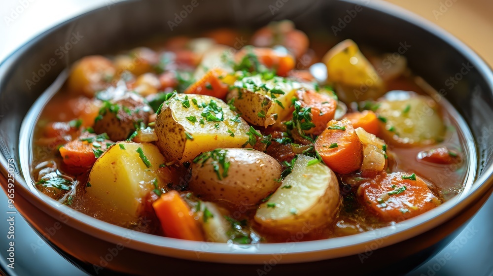 A comforting bowl of roasted vegetable stew, featuring carrots, potatoes, and onions in a thick, savory tomato-based broth A comforting bowl of roasted vegetable stew, featuring carrots, potatoes, and onions in a thick, savory tomato-based broth