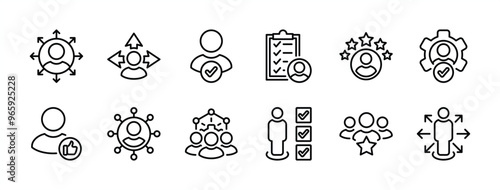 Business skills thin line icon set. Containing abilities, teamwork, management, employment, development, connection, work, ​talent, occupation, leadership, competence. Vector illustration