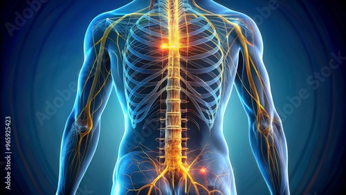 human anatomy lower back structures neural network illustration detailed scientific concept dark blue mood photo