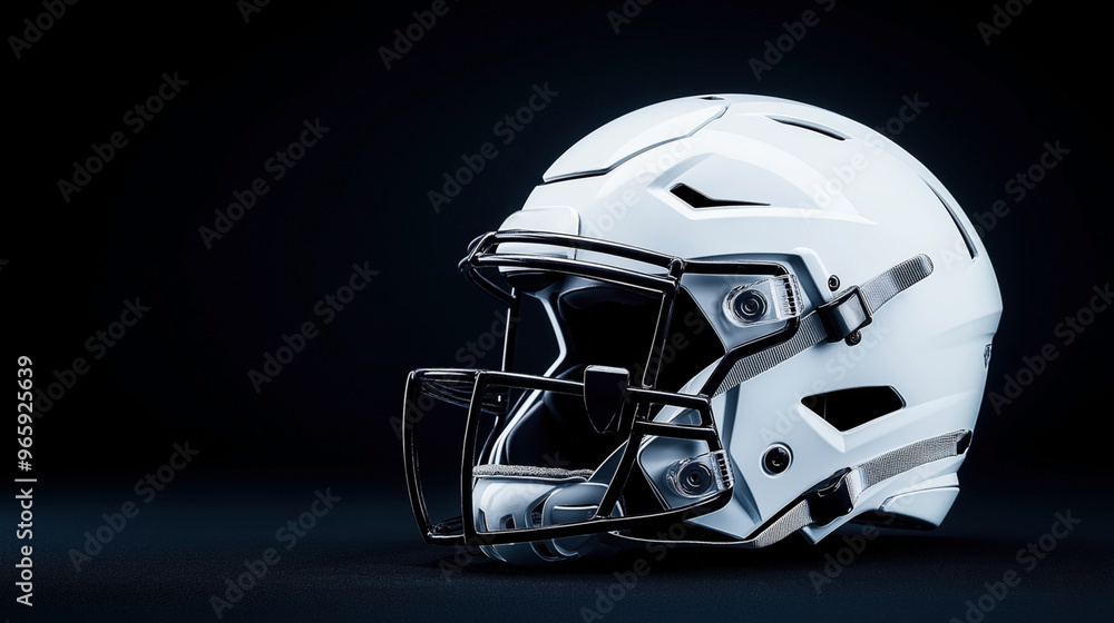 Close-up of a modern white American football helmet with a black faceguard on a dark background. The helmet features advanced protective gear and chinstrap details. Close-up of a modern white American football helmet with a black faceguard on a dark background. The helmet features advanced protective gear and chinstrap details.