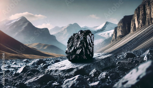 Piece of black shilajit rock mineral resin resting on a pedestal, mountain background photo