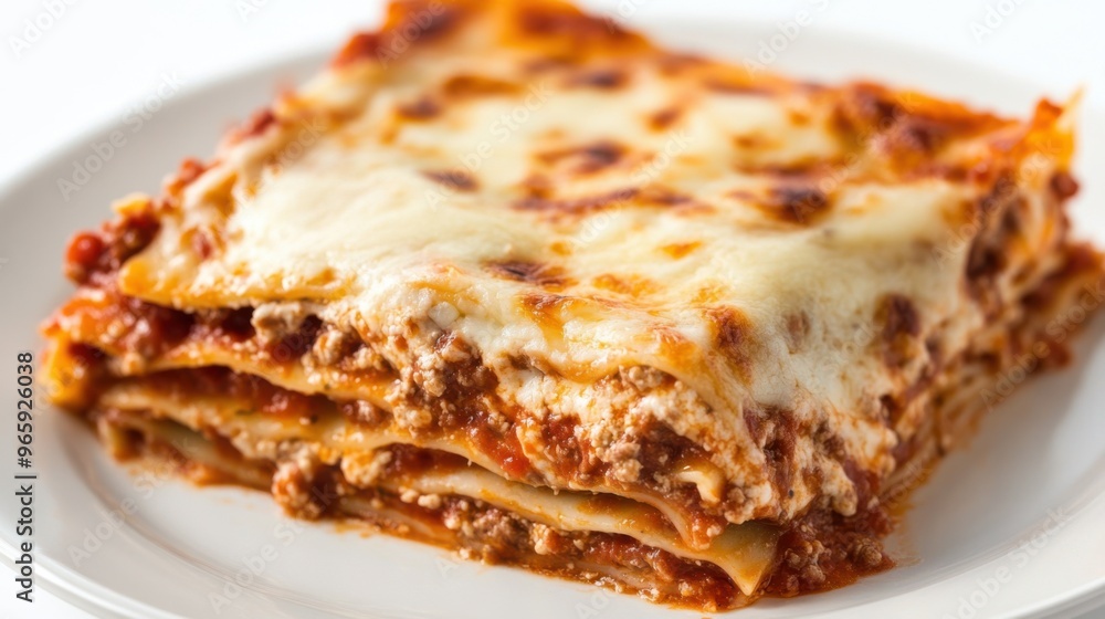 Close-up top view of lasagna on a plate, with gooey melted cheese Close-up top view of lasagna on a plate, with gooey melted cheese