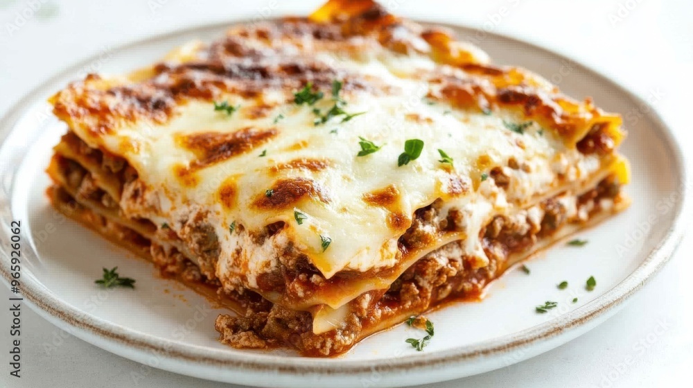 Close-up top view of lasagna on a plate, with gooey melted cheese Close-up top view of lasagna on a plate, with gooey melted cheese