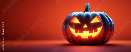 A sinister Jack-o'-lantern with glowing eyes and a sharp grin, set against a vibrant orange background, evoking Halloween. photo