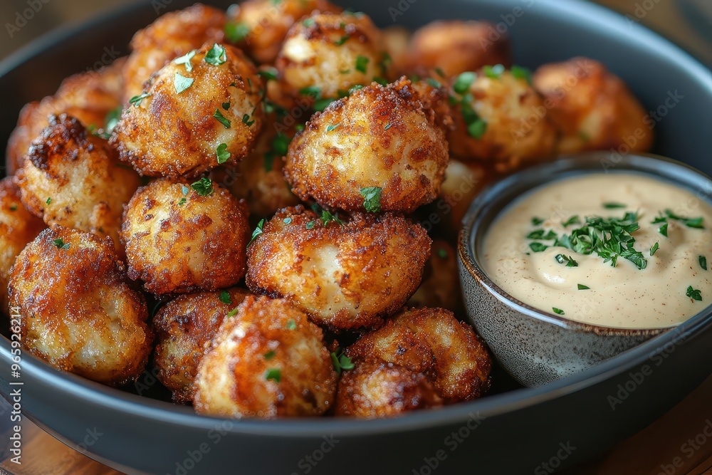 closeup of crispy goldenbrown deepfried mushrooms tempting food photography highlighting texture and accompanied by creamy dipping sauce closeup of crispy goldenbrown deepfried mushrooms tempting food photography highlighting texture and accompanied by creamy dipping sauce