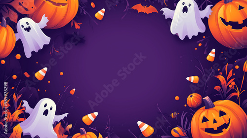 A festive Halloween-themed background featuring carved pumpkins, flying ghosts, black bats, and candy corn scattered across a dark purple backdrop.