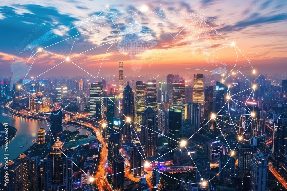 Fototapeta premium Futuristic Cityscape with a Global Network at Sunset