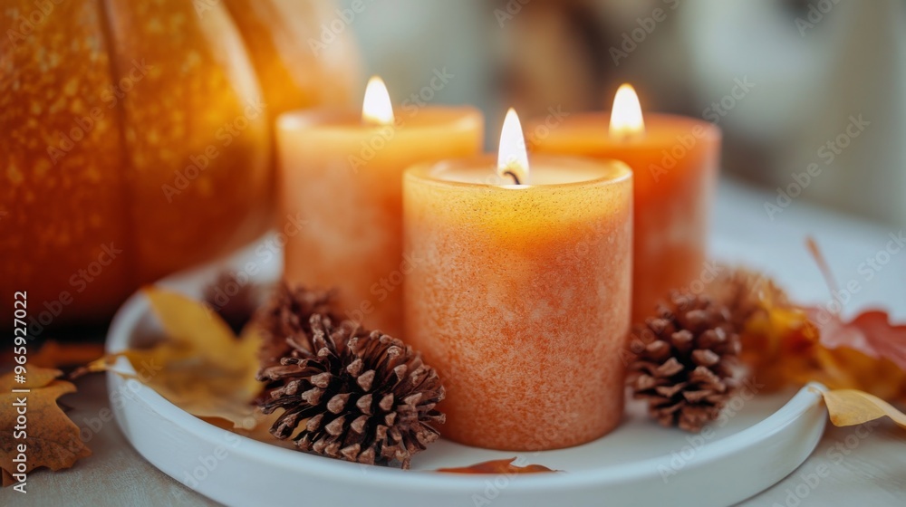 burning candles with autumn decor on white table at home burning candles with autumn decor on white table at home