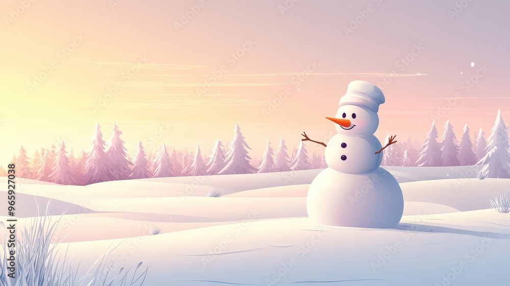 Fototapeta premium A delightful snowman with a carrot nose and a simple hat enjoys the tranquil winter morning, basking in the soft glow of sunrise