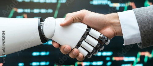 Robot and human shaking hands in front of fluctuating stock market data, collaboration, AIhuman partnership in trading photo