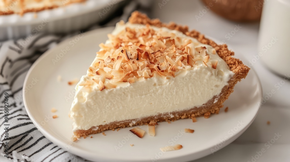 A decadent slice of coconut cream pie with a golden graham cracker crust, topped with toasted coconut flakes and served on a white plate A decadent slice of coconut cream pie with a golden graham cracker crust, topped with toasted coconut flakes and served on a white plate