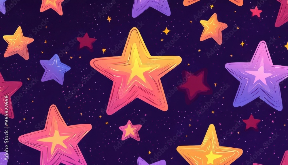 Star patterns in varying sizes, seamless repeat, cosmic and playful, illustration seamless pattern fabric, no blur, photo not dark, everything is clear, copy space Star patterns in varying sizes, seamless repeat, cosmic and playful, illustration seamless pattern fabric, no blur, photo not dark, everything is clear, copy space