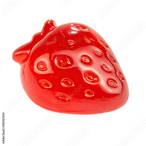 A single red strawberry gummy candy, a sweet treat with a glossy finish.