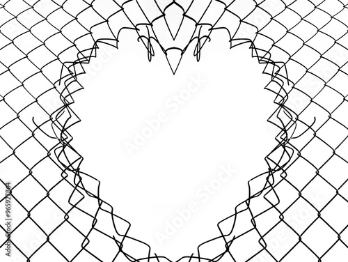 chain link fence isolated on white background. hole gap in the form of heart shape. wire fence. Chain link fence. Opening in metallic fence. . happy Valentines day concept. 14th february. heart shaped photo