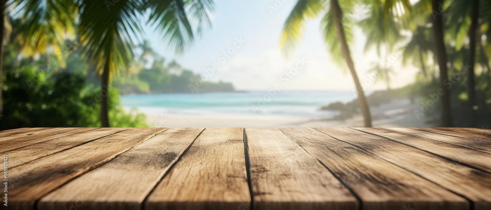 Wooden table top with a blurred background of a tropical beach and palm trees. Digital backdrop for product display or montage your products onto the wood surface. Wooden table top with a blurred background of a tropical beach and palm trees. Digital backdrop for product display or montage your products onto the wood surface.