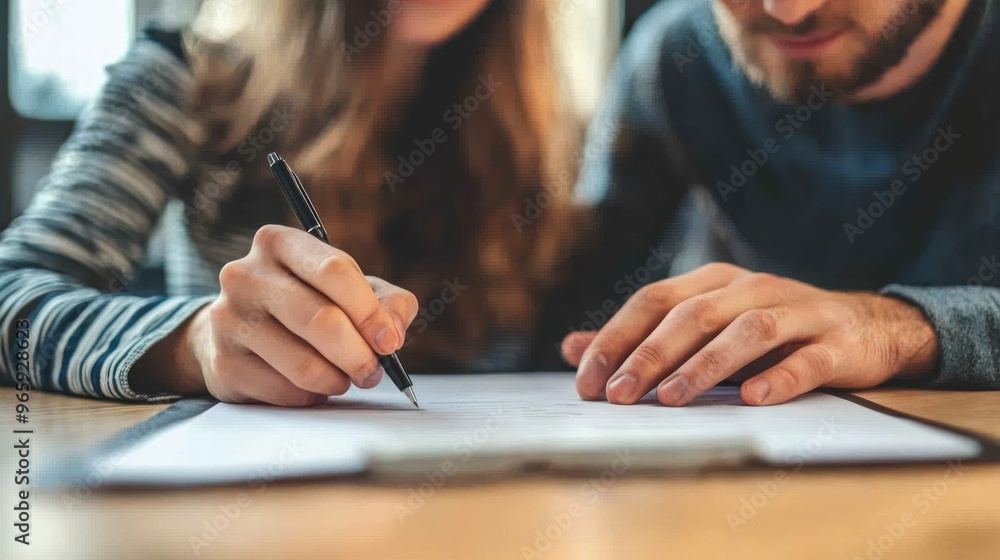 A couple signing a contract or lease agreement at a desk, with a sense of mutual understanding and consent A couple signing a contract or lease agreement at a desk, with a sense of mutual understanding and consent