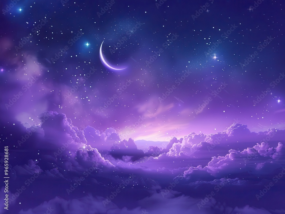 celestial night sky scene with a prominent crescent moon wispy purple clouds and twinkling stars gradient from deep indigo to soft lavender creates a dreamy atmosphere celestial night sky scene with a prominent crescent moon wispy purple clouds and twinkling stars gradient from deep indigo to soft lavender creates a dreamy atmosphere
