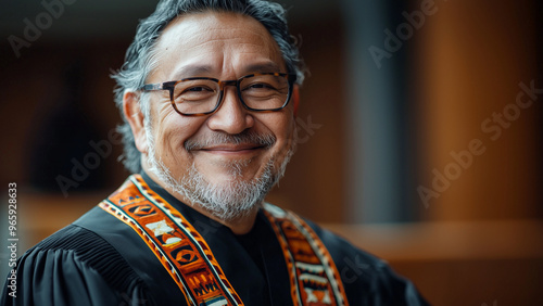 Indigenous Man Judge - smiling, man, glasses, beard, robe, embroidery, gray hair, clergy, indoor, portrait, middle-aged, cultural attire, formal attire, confidence, close-up