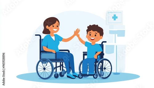 Compassionate Nurse High-Fives Smiling Child in Wheelchair: Heartwarming Hospital Scene Symbolizing Inclusion, Equality, and Professional Care. Perfect for Nursing Day Campaigns, Healthcare Marketing,