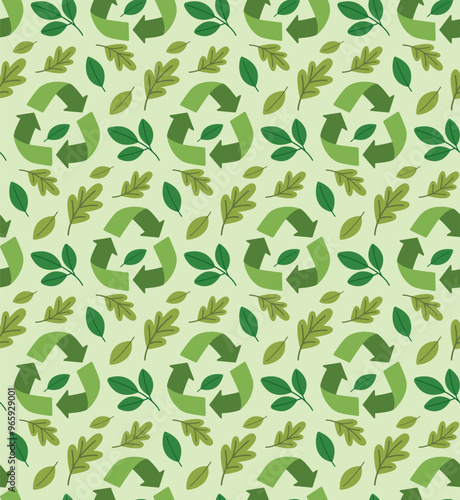 Seamless pattern with recycle symbols and green leaves. Vector cartoon background, zero waste concept.	