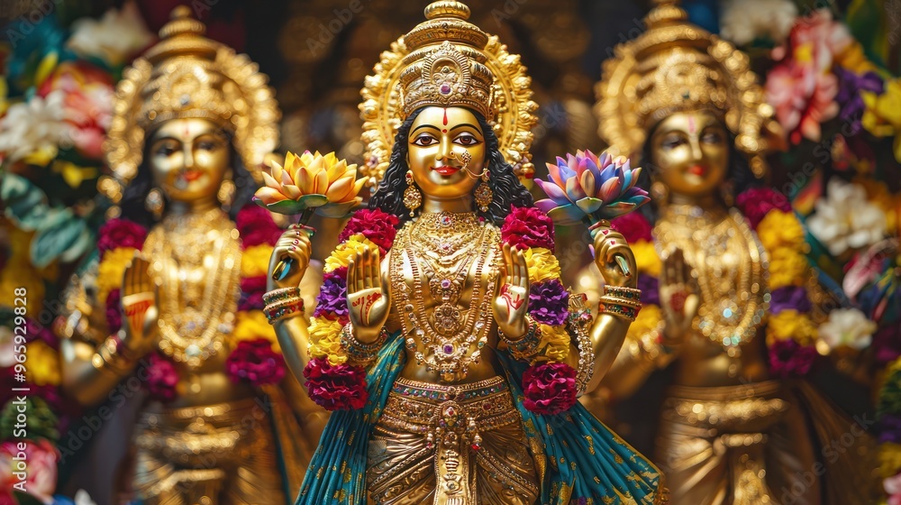 Goddess Laxmi portrait LAKSHMI Beautiful Hindu goddess with golden lotus and colorful flower garlands, holy face with happy smile, wearing yellow dress with red border on chest, full body with detaile Goddess Laxmi portrait LAKSHMI Beautiful Hindu goddess with golden lotus and colorful flower garlands, holy face with happy smile, wearing yellow dress with red border on chest, full body with detaile