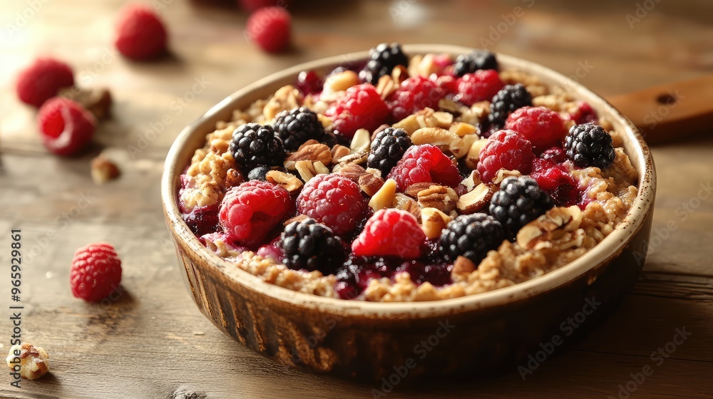 A dish of warm, baked oatmeal topped with fresh berries, nuts, and a drizzle of honey, served in a rustic ceramic bowl A dish of warm, baked oatmeal topped with fresh berries, nuts, and a drizzle of honey, served in a rustic ceramic bowl