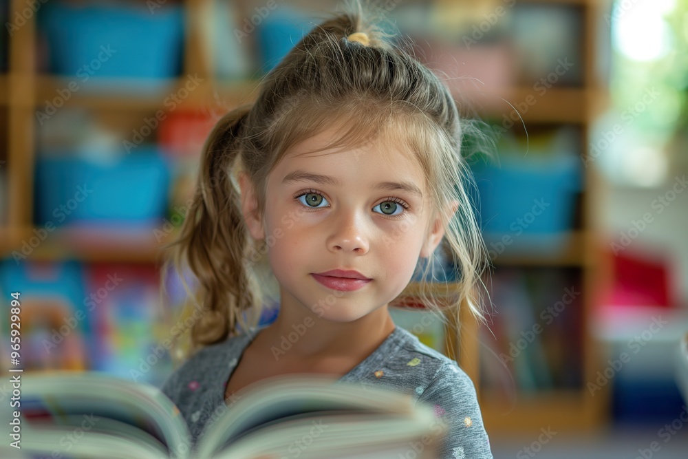 A young child explores a book in a vibrant kindergarten classroom full of learning tools. A young child explores a book in a vibrant kindergarten classroom full of learning tools.