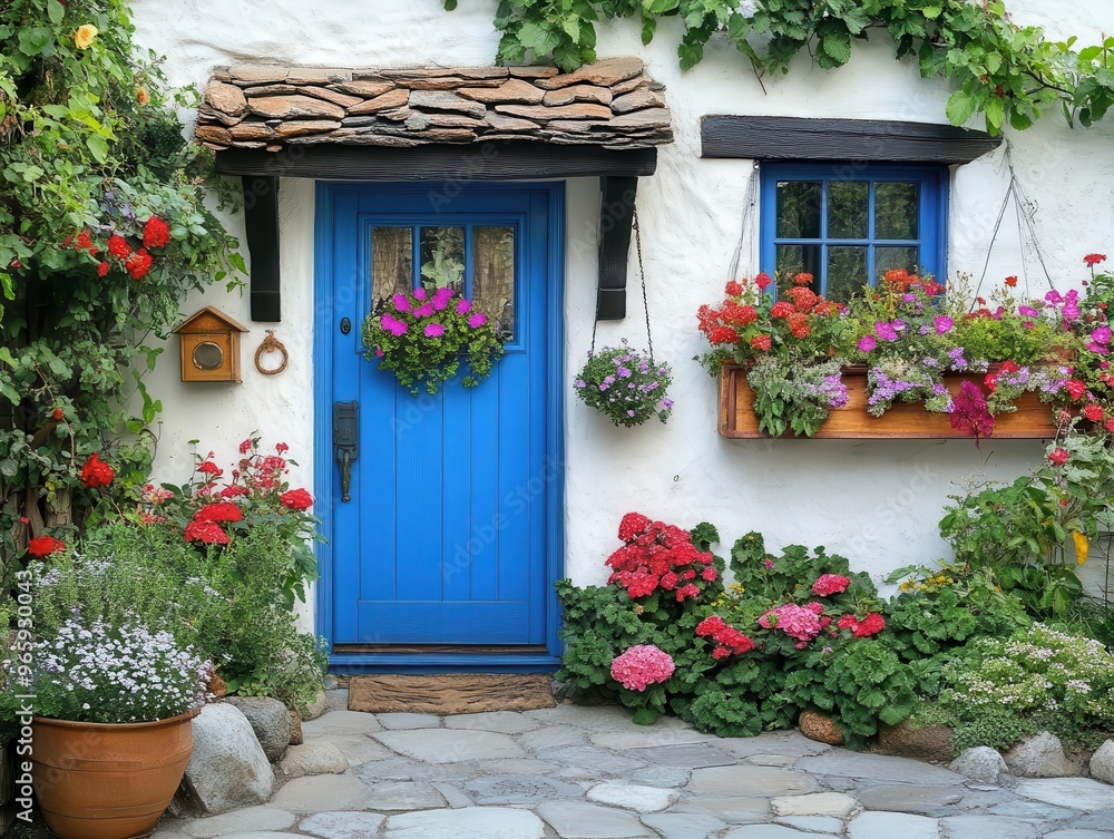 Fototapeta premium charming cottage entrance vibrant blue door lush flower boxes quaint cobblestone path inviting warm light