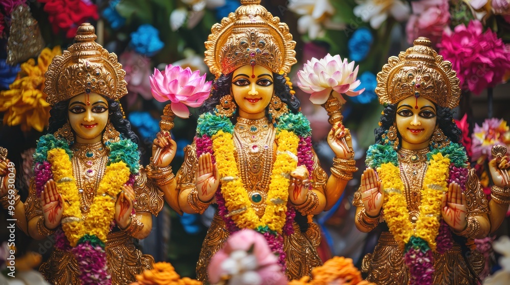 Goddess Laxmi portrait LAKSHMI Beautiful Hindu goddess with golden lotus and colorful flower garlands, holy face with happy smile, wearing yellow dress with red border on chest, full body with detaile Goddess Laxmi portrait LAKSHMI Beautiful Hindu goddess with golden lotus and colorful flower garlands, holy face with happy smile, wearing yellow dress with red border on chest, full body with detaile